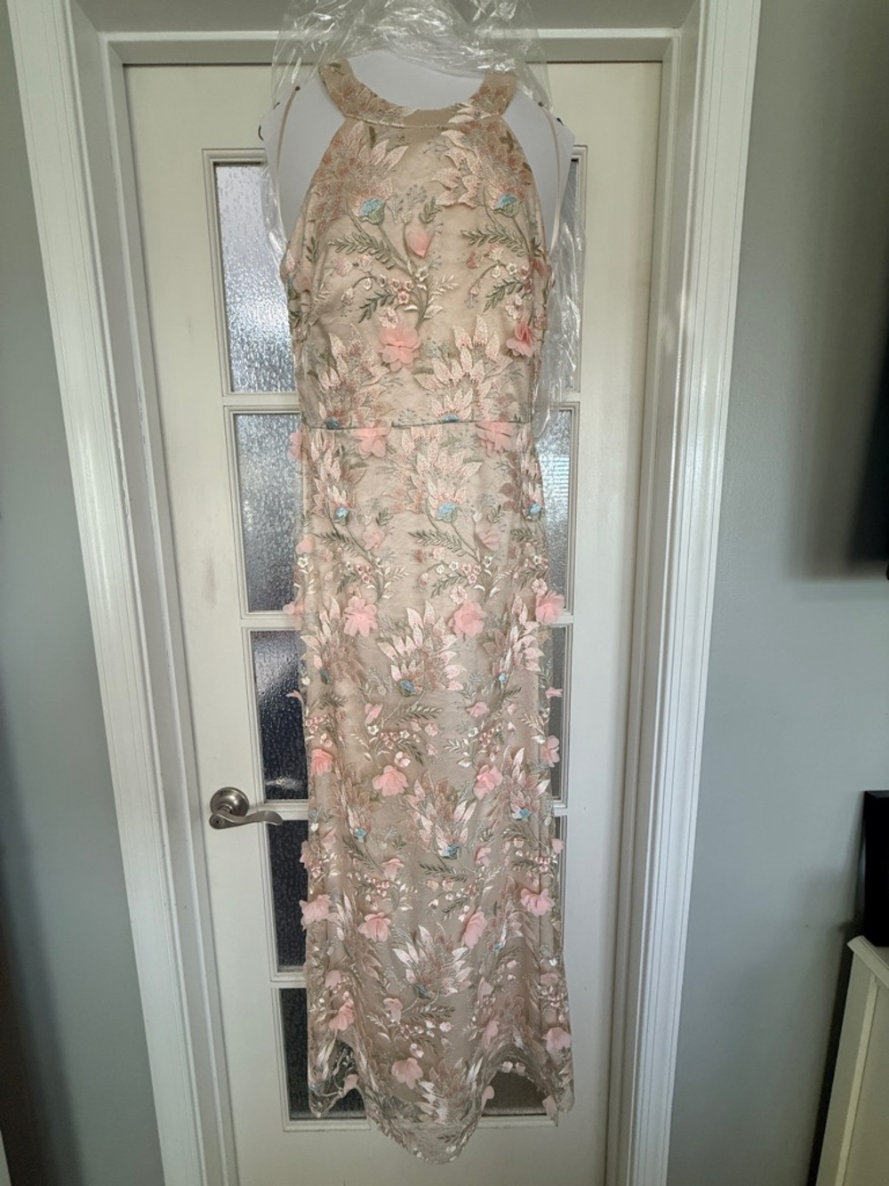 Eliza J Beige Floral Embroidered Halter Gown with Pink Accents
